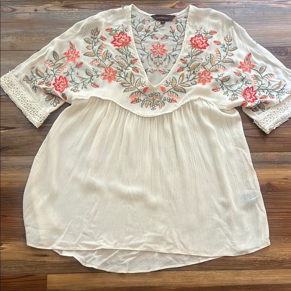 Ranna Gill Cream Blouse with Pink and Green Embroidery